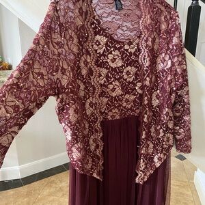 Elegant Lace Overlay Burgundy Dress